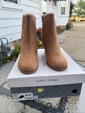 Sun + Stone Tan Faux-Suede Ankle Booties with Faux-Fur Trim